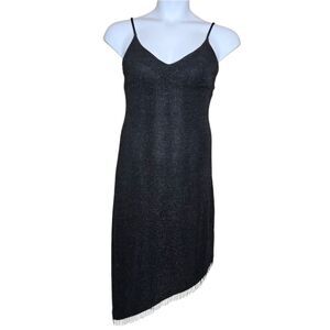 VINTAGE 90s black metallic sparkle bodycon asymmetrical beaded fringe dress S/M‎